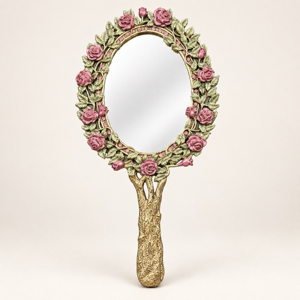 Vintage Ornate Floral Hand Mirror Red Rose Pink Rhinestone Victorian Era Vanity